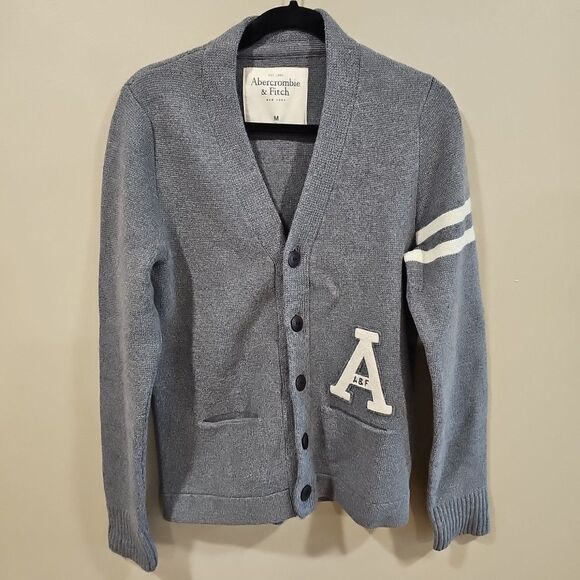 Abercrombie & Fitch NY Cardigan Sweater Mens Med Gray Blend Knit Logo - Picture 1 of 13